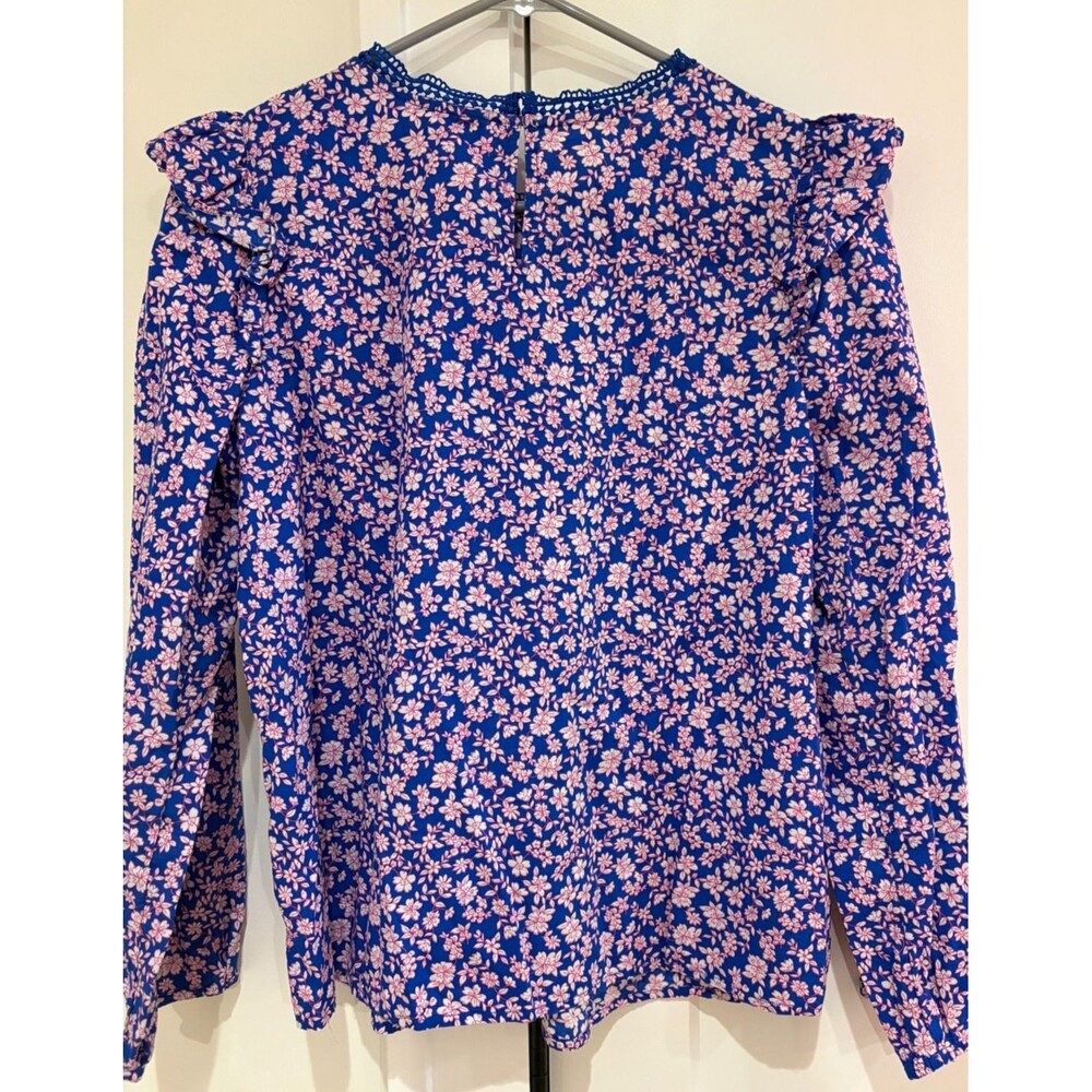 J CREW SHIRT Womens Small Blue Pink Spring Floral Print Ruffle Lace Long Sleeve - Picture 3 of 8